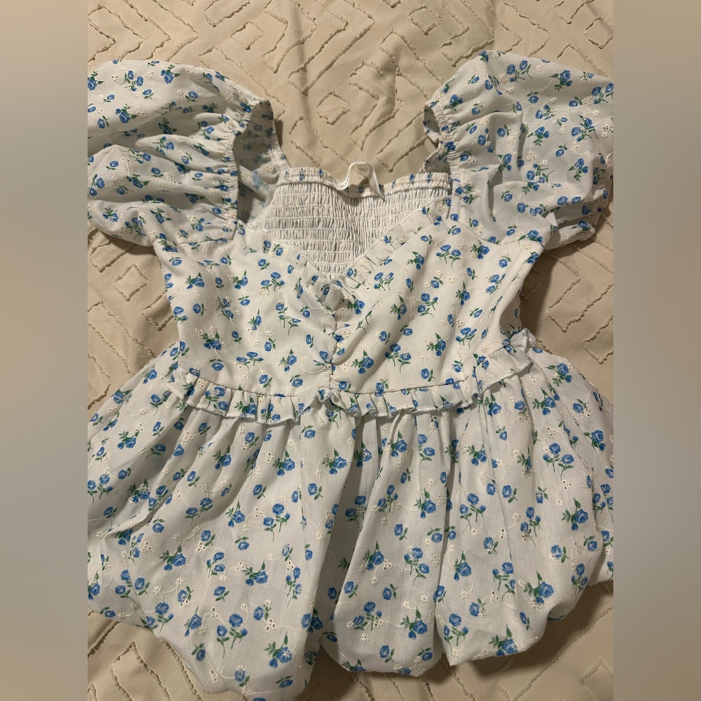 Altar'd State White Ruffle Top Blue Floral Pattern